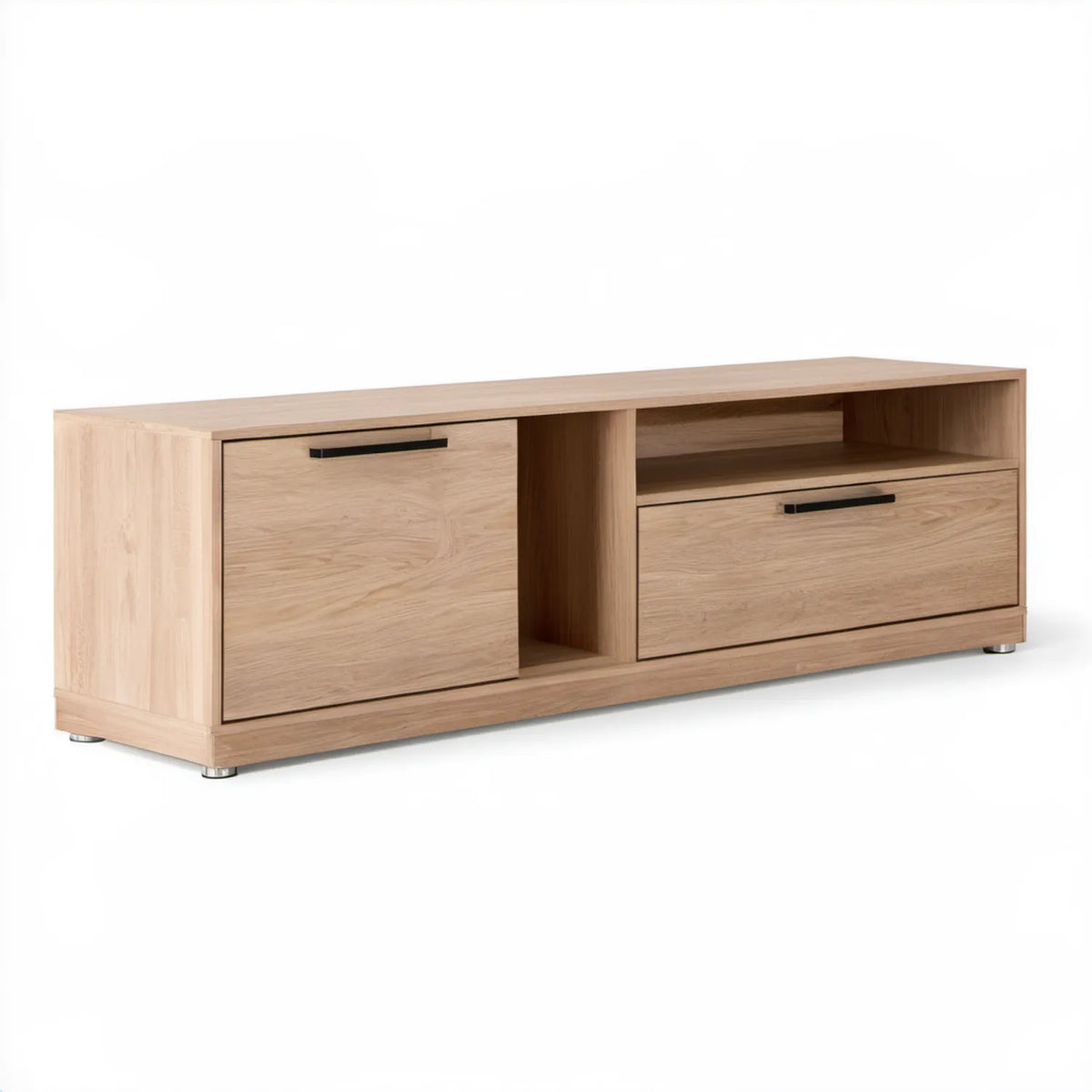 Niska komoda w dekorze dębu naturalnego 160 × 40 × 50 cm z czarnymi uchwytami