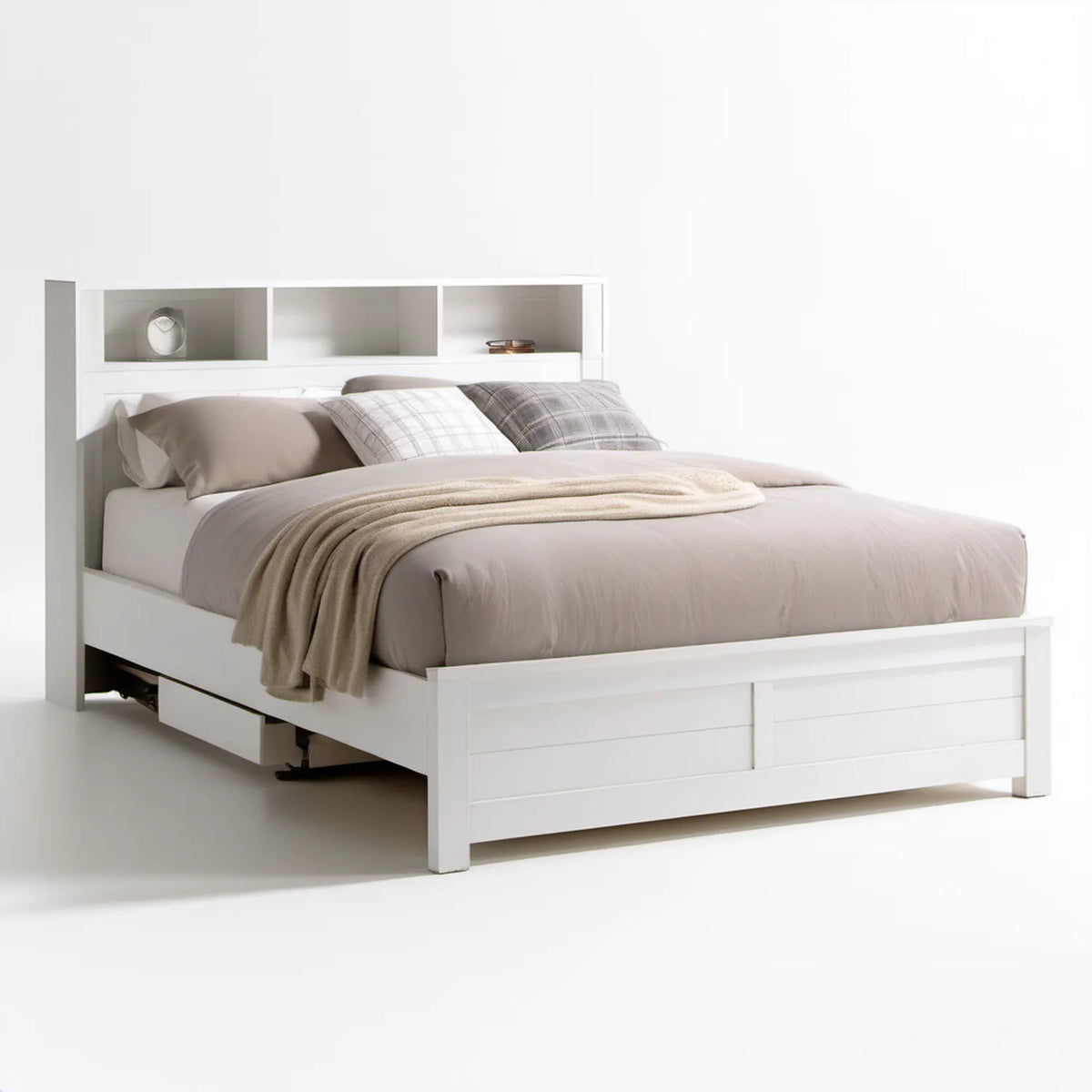 Białe łóżko 160 × 200 cm z zagłówkiem, półkami i 2 szufladami z płyty MDF