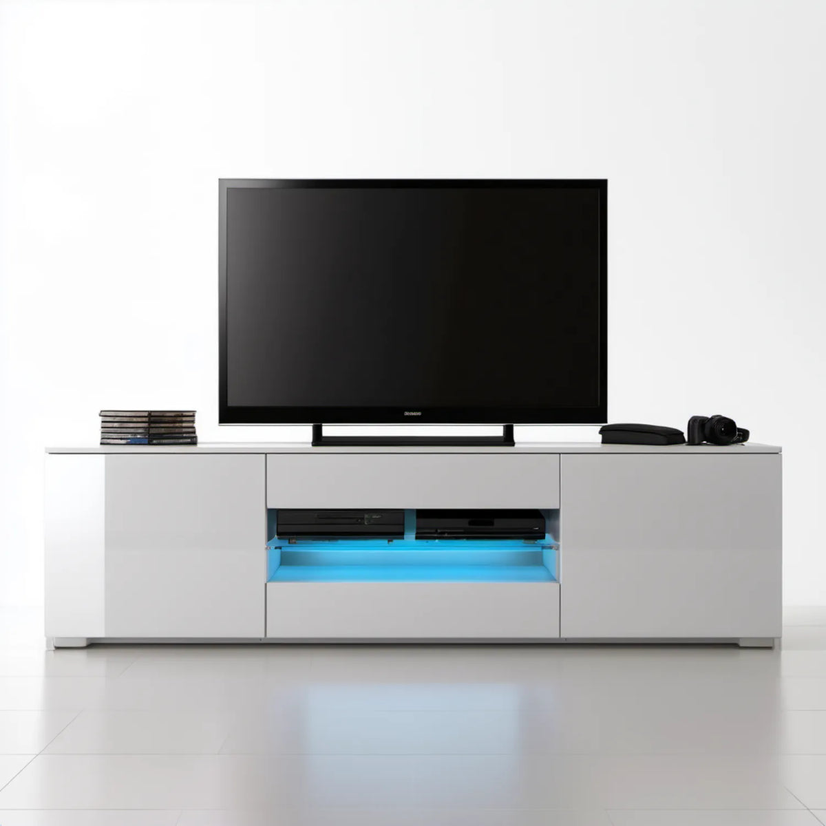 Biała szafka RTV z niebieskim oświetleniem LED, 180 x 40 x 50 cm