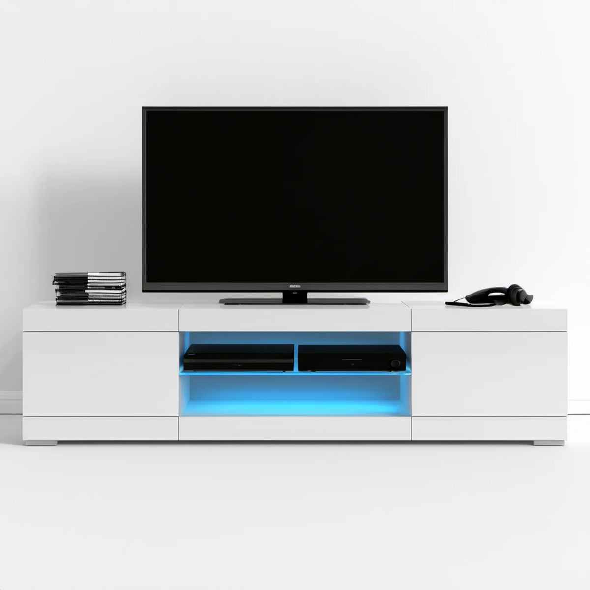 Biała szafka RTV z niebieskim oświetleniem LED, 180 × 40 × 45 cm