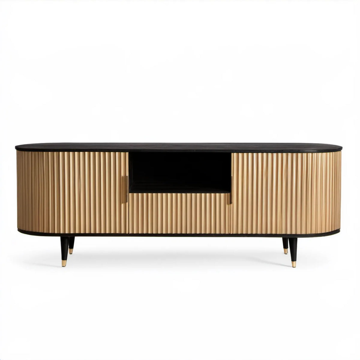 Owalna szafka RTV czarno-złota 160 x 40 x 55 cm z płyty MDF