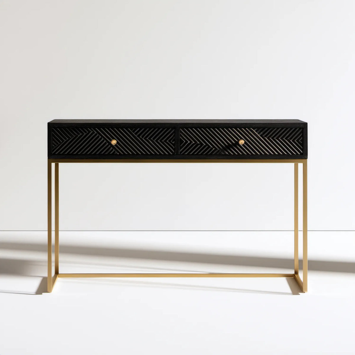 Czarno-złota konsola z 2 szufladami, 120 x 40 x 80 cm, MDF i stal
