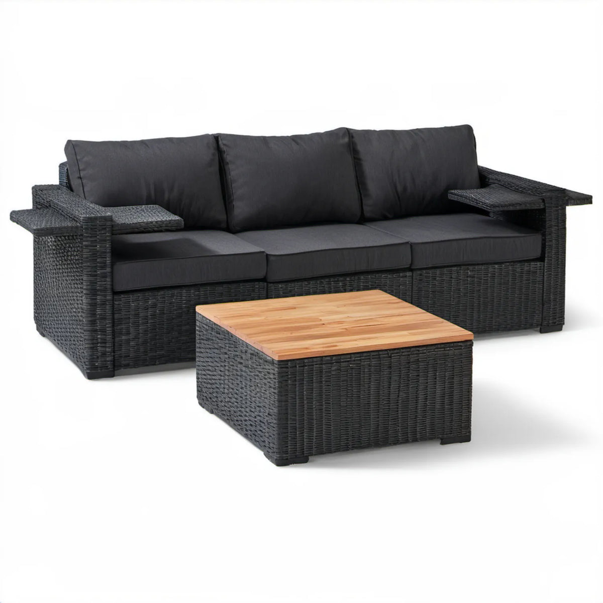 Czarny zestaw ogrodowy z technorattanu – sofa 3-osobowa 200 × 70 × 63 cm i stolik z akacji 100 × 60 × 37 cm
