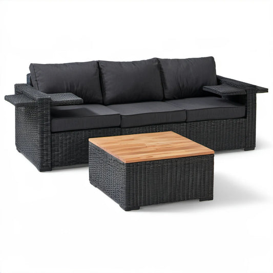 Czarny zestaw ogrodowy z technorattanu – sofa 3-osobowa 200 × 70 × 63 cm i stolik z akacji 100 × 60 × 37 cm