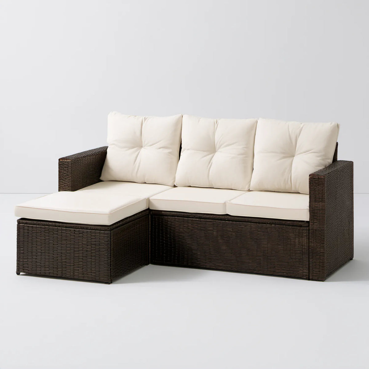 Narożna sofa ogrodowa z leżanką, ciemnobrązowa/kremowa, 200 × 140 × 65 cm, technorattan PE i stal