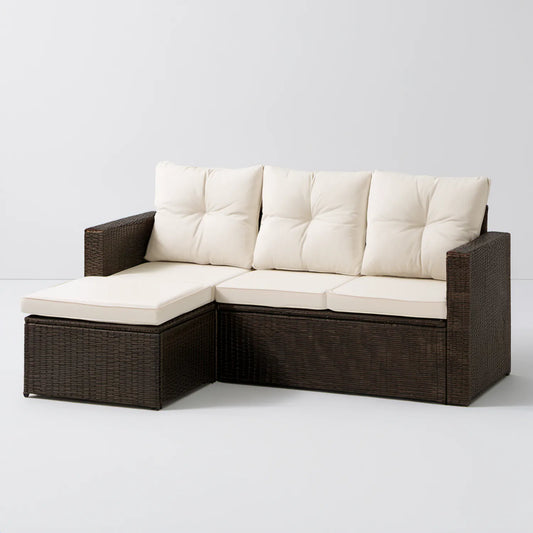 Narożna sofa ogrodowa z leżanką, ciemnobrązowa/kremowa, 200 × 140 × 65 cm, technorattan PE i stal
