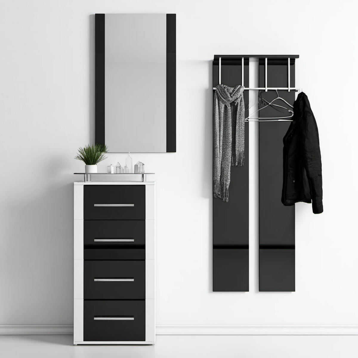Zestaw do przedpokoju czarno-biało-srebrny z lustrem, szafką 63 × 24 × 146 cm i panelem 100 × 30 × 170 cm