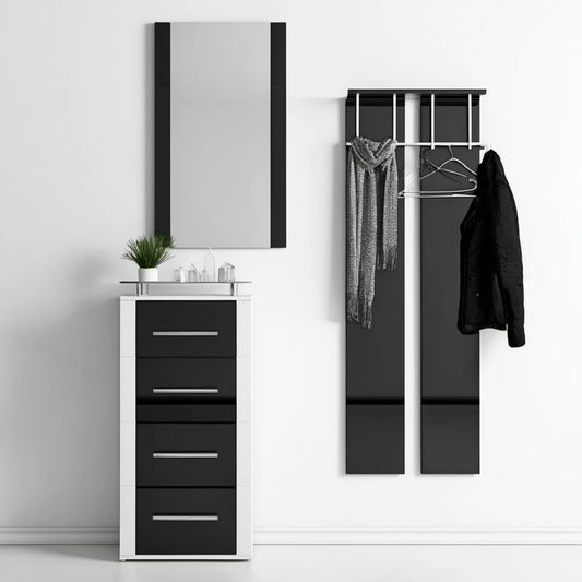 Zestaw do przedpokoju czarno-biało-srebrny z lustrem, szafką 63 × 24 × 146 cm i panelem 100 × 30 × 170 cm
