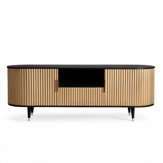 Owalna szafka RTV czarno-złota 160 x 40 x 55 cm z płyty MDF