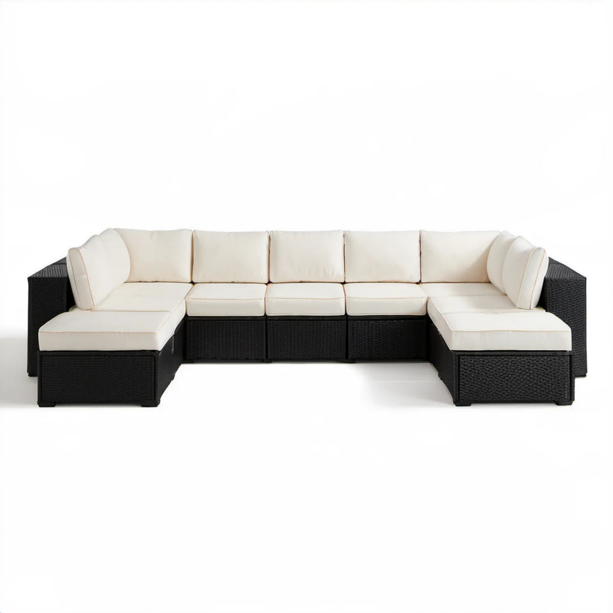 5-częściowa modułowa sofa ogrodowa w kształcie U z technorattanu PE, czarno-kremowa, 330 x 160 x 73 cm