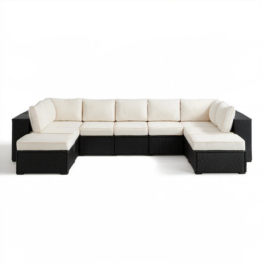5-częściowa modułowa sofa ogrodowa w kształcie U z technorattanu PE, czarno-kremowa, 330 x 160 x 73 cm